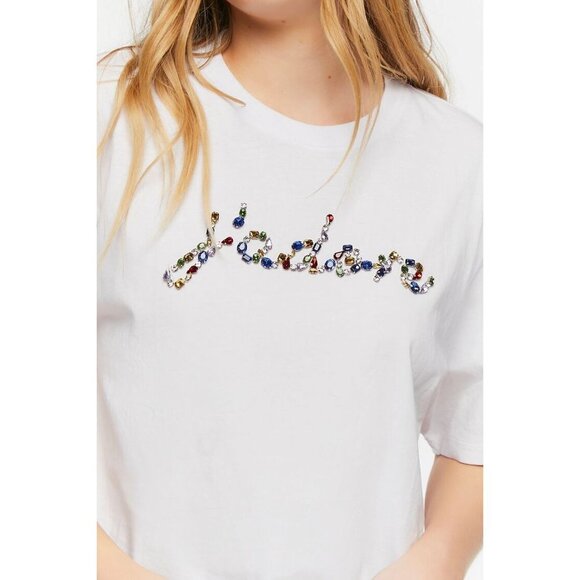 NWT Forever 21 Faux Gem J'adore Graphic Tee in White Size Large - Picture 5 of 7